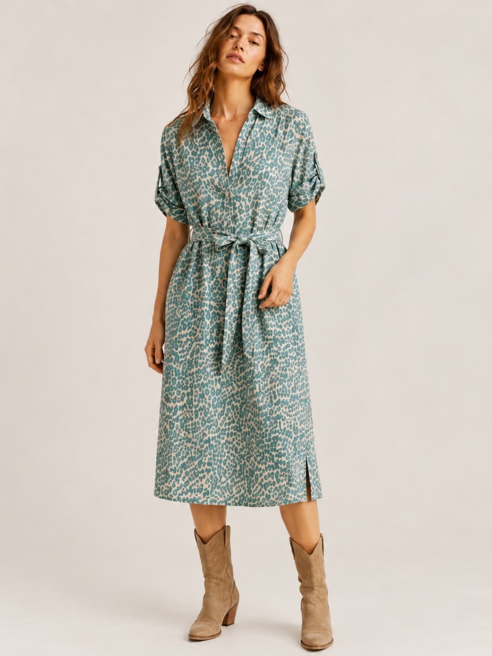 100% Linen Made in Italy Leopard Print Belted Midi Dress